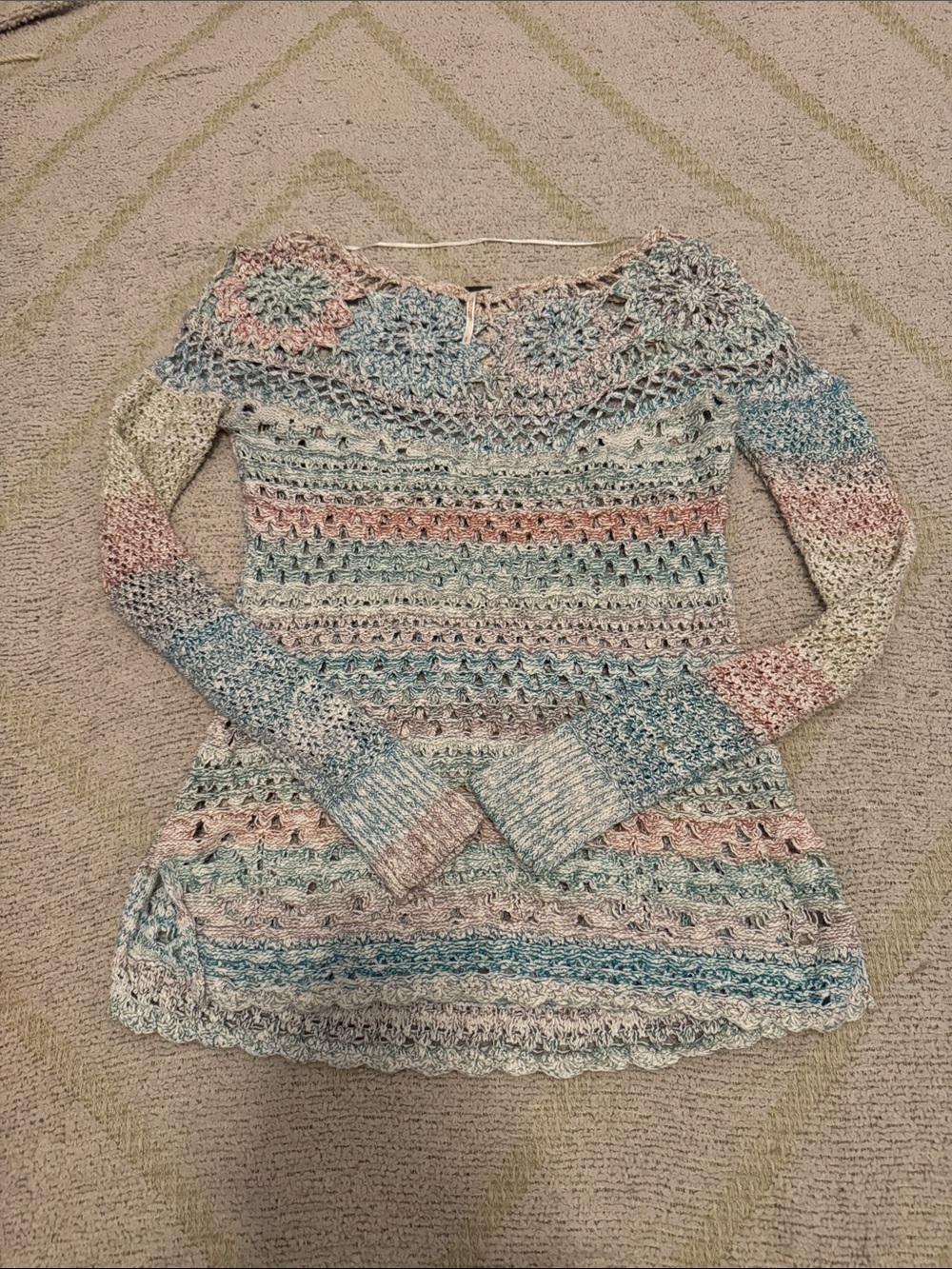 Free People Pastel Crochet Floral Off Shoulder Sweater Small